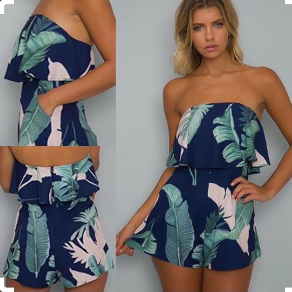 Flower Tropical Romper Playsuit Strapless Pockets - Picture 3 of 6